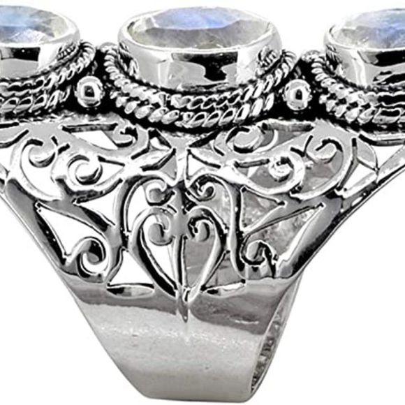 YoTreasure Moonstone Solid 925 Sterling Silver 3 Stone Ring Jewelry - Picture 4 of 4
